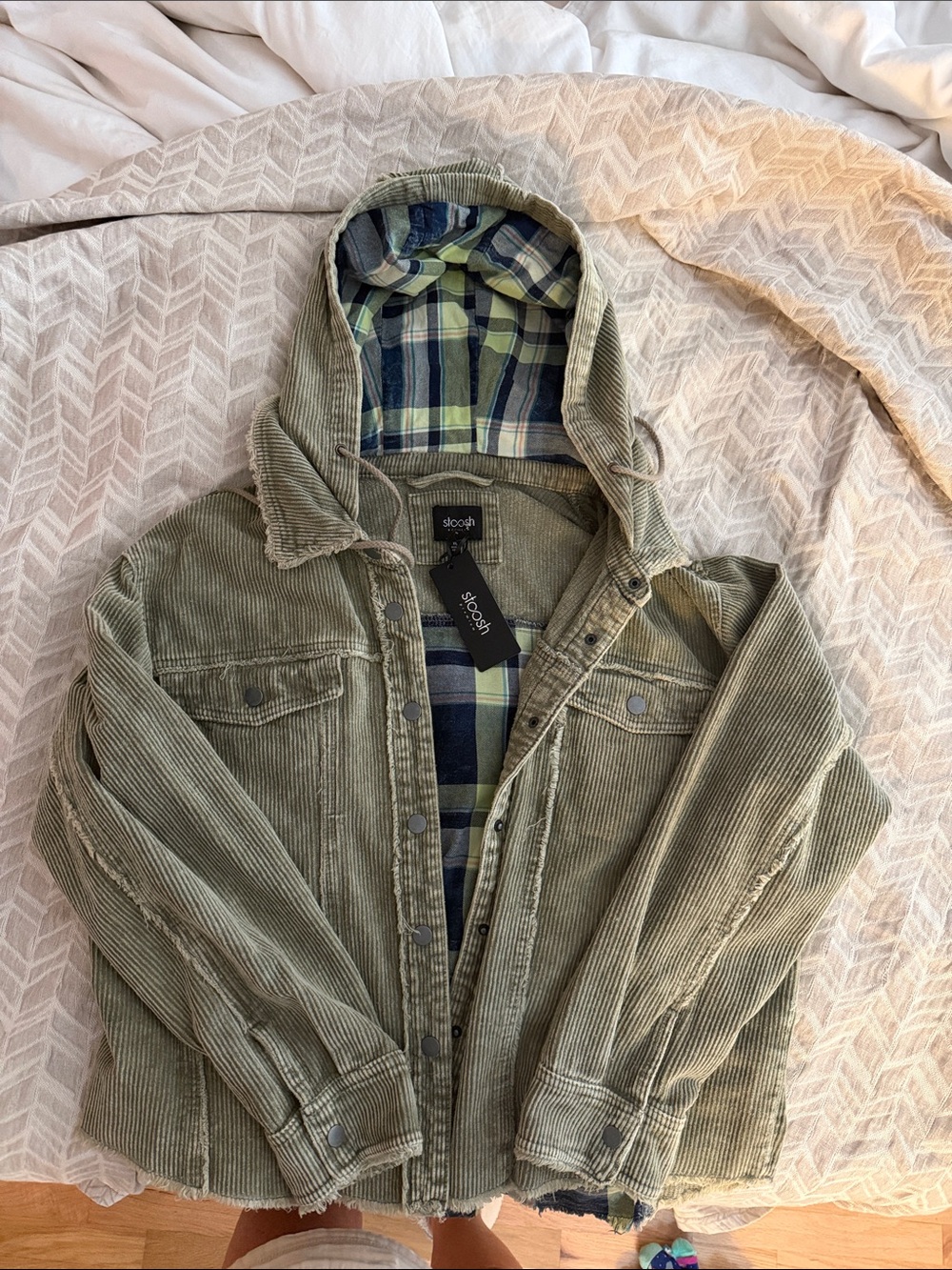 Stoosh Olive Green Corduroy Hooded Shirt Jacket with Plaid Lining